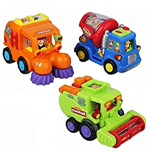 IQ Toys Push & Play Vehicles for Toddlers, Kids, Boys 3 Pack Friction Powered Action City Construction Engineering Playset with Cement, Sweeper Cleaning, and Harvesting Truck