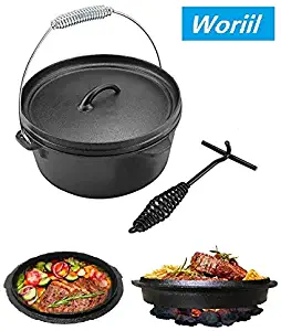 Woriil 5 Quart All-Round Dutch Oven【Dual Function : Lid Skillet】【with Lid Lifter】【Pre Seasoned】 Cast Iron Dutch Oven for Camping Cooking BBQ Baking