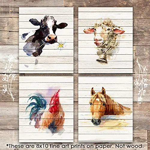 Rustic Farm Animals (Set of 4) - Unframed - 8x10s (Cow, Sheep, Rooster, Horse)