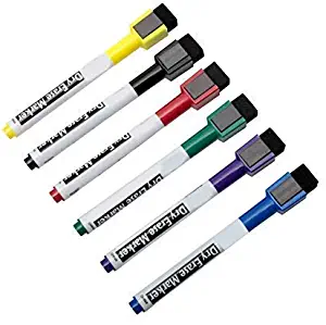Magnetic Dry Erase Markers Non Toxic with Erasers, Fine Tip, Assorted Colors, 6-Count