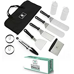 Professional Stainless Steel Griddle Cooking Kit - Grill Spatula Tongs Egg Ring Flipper Scraper Carrying Bag - Camping Tailgating Kitchen Outdoor BBQ - Grilling Hibachi Accessories - Metal Tool Set