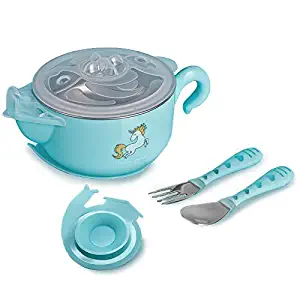 ERRIKO Stainless Steel Food Warming Lunch Box for Children and Kids, Hot Water Insulation box,Tableware Sucker Feeding Bowl toddler dinnerware Filling Water Dish Bowl with Fork & Spoon (Blue)