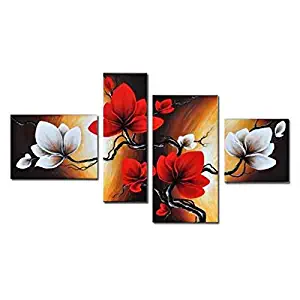 Wieco Art the Back Full Bloom in Spring Red Flowers 100% Hand-painted 4 panels Flower Oil Paintings on Canvas Wall Art for Wall Decor Landscape Oil Painting on Canvas 4pcs/set