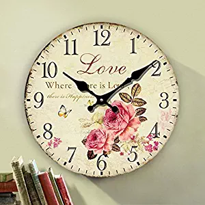 Romantic Roses Clock, 14" Eruner Country Floral Wall ClockLove Wooden Art Decor Non-Ticking Home Decoration(C-62)