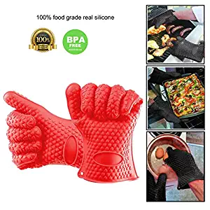 Grill BBQ Gloves , Heat Resistant Oven Silicone Mitts Best For Cooking , Grilling , Baking , Smoker , Frying Accessories , Waterproof No Slip Insulated Silicon Kitchen Glove Mitt For Pot, Pans , Plate