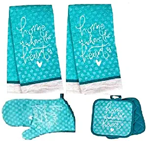 HomeConcept 5 Piece Kitchen Towel Set Includes 2 Towels 2 Potholders 1 Oven Mitt (Blue Heart)