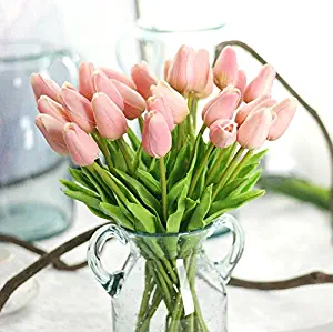 Supla Artificial Flowers 20 Heads Real Touch Tulips PU Tulips Fake Flowers Arrangement Wedding Bouquets Home Room Office Centerpiece Party Wedding Decor(Pink)(vase not Included.)