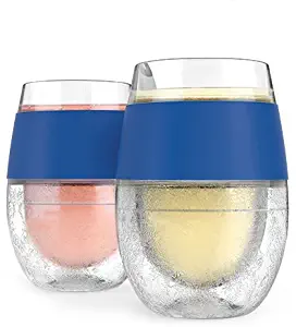 Host 5167 Freeze Stemless Wine Glasses, Red & White Wine Tumbler Cups, Insulated Plastic Glass, Blue Silicone Bands, Set of 2, 9 oz