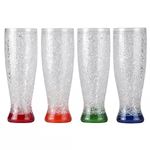 Lily's Home Double Wall Gel-Filled Acrylic Freezer Pilsner Shape Beer Glasses, Great for Enjoying Brews at BBQs and Parties, Clear with Assorted Color Bases (16 oz. Each, Set of 4)