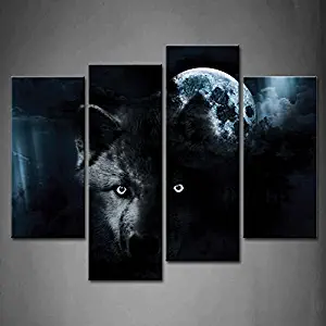 4 Panel Wall Art Black Wolf And Full Moon Painting The Picture Print On Canvas Animal Pictures For Home Decor Decoration Gift piece (Stretched By Wooden Frame,Ready To Hang)