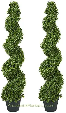 TWO Pre-potted 4' Spiral Boxwood Artificial Topiary Trees. In Plastic Pot