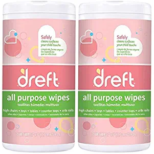 Dreft Multi-Surface All-Purpose Gentle Cleaning Wipes for Baby Toys, Car Seat, High Chair & More, 70 Count, Pack of 2