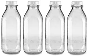 The Dairy Shoppe 1 Qt Glass Milk Bottle with Cap. 4 Pack Square Style 32 Oz