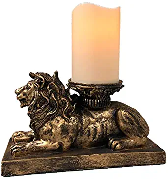 The Nifty Nook | Lion Figurine Candle Holder | Antique Gold | Flameless LED Pillar Candle & Timer | Home Decor | Beautiful Centerpiece | Perfect Mantle or Shelf Accent | Great Housewarming Gift