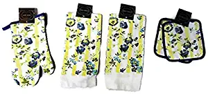 Home Concepts Yellow and Blue Pansy Flowers 5 Piece Linen Bundle Package Oven Mitt (1) Pot Holders (2) Kitchen Towels (2)