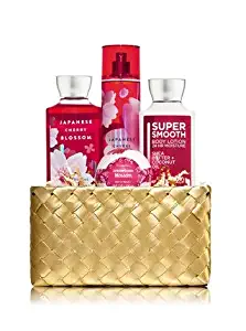 Bath and Body Works JAPANESE CHERRY BLOSSOM Gold Woven Basket Gift Kit - BODY LOTION - FRAGRANCE MIST - SHOWER GEL AND BATH FIZZ