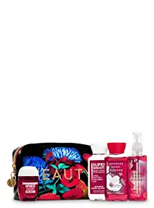 Bath and Body Works JAPANESE CHERRY BLOSSOM Floral Cosmetic Bag Gift Set - Body Lotion - Fine Fragrance Mist - Shower Gel & a PocketBac Hand Sanitizer