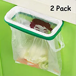 Pack of 2 Trash Bag Holder Organizer, Kitchen Garbage Hook Over The Cabinet Wastebasket Trash Can Basket Holder, Hanging Storage Rack (Green)