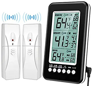 (Upgraded Version) Brifit Refrigerator Thermometer, Wireless Digital Freezer Thermometer with 2 Sensors, Indoor Outdoor Thermometer with Audible Alarm Temperature Gauge for Freezer Kitchen Home