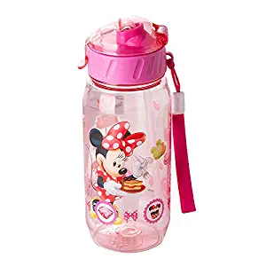 HRJ Disney plastic water bottle with straw lid for children kids baby Minnie Mouse cartoon (Pink) 400ml / 13-14oz
