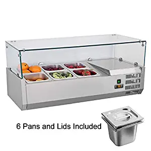 SHANGPEIXUAN Display Refrigerators 35.5 Inch Commercial Countertop Refrigerator with 6 Pans and Lids Refrigerated Prep Station with Glass for Fruit Salad Sandwich and Pizza