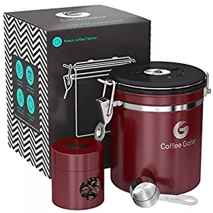Coffee Gator Stainless Steel Container - Canister with co2 Valve, Scoop and Travel Jar - Medium, Red