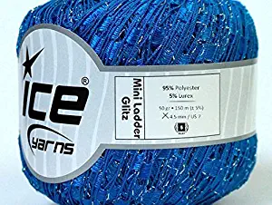 Blue Silver Mini Ladder Glitz Ribbon Yarn - Solid Blue with Silver Metallic Sparkle 50 Gram