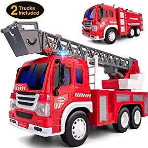 Gizmovine 2 PCs Fire Truck Toy Friction Power with Lights and Sounds, Extending Rescue Rotating Ladder Pull Back Construction Toys Vehicles for Toddlers Boys 4, 3, 2 Year Old, 1:16 Scale