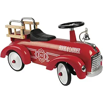 Constructive Playthings ATB-89 Hook and Ladder Steel Fire Truck Ride-On Car for Toddlers, Features Foot-Powered Motion, Easy-Steering Wheel