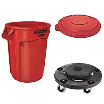 Rubbermaid Commercial BRUTE Heavy-Duty Waste/Utility Container, Vented, 32 Gallon, Red with Lid and Dolly (FG263200RED, FG263100RED & FG264000BLA)