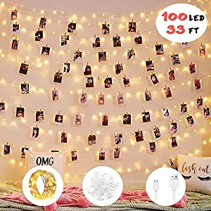 2019 Upgrade Version 100 LED Photo Clip String Lights -Fairy String Lights - 8 Modes Waterproof USB/Battery Powered Decor Lights with 100 Clear Clips for Birthday Party Bedroom Wall Decor Wedding