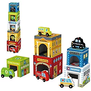 Play Vehicles 5 Cars and Stack-able Garages Includes a Police car, Recycling Truck, Ambulance, School Bus, and a Firetruck - Toys for 1 Year Old and up