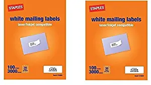 Staples White Mailing Labels for Laser Printers, 1 x 2.62 Inch, 100 Sheets, 3000 Labels, (2 Pack)