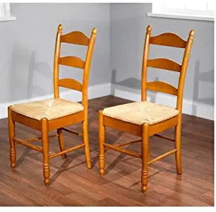 Solid Rubber Wood Construction Chairs, Ladder Back, Rush Seat, Set of 2, Oak
