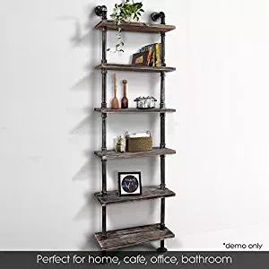 Industrial 6-Tiers Modern Ladder Shelf Bookcase ,Wood Storage Shelf,Display Shelving, Wall Mounted Wood Shelves, Metal Wood Shelves Bookshelf Vintage Wrought Iron Finish