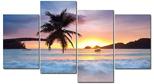 Pyradecor Sunrise Beach Theme Large 4 Piece Seascape Giclee Canvas Prints on Canvas Wall Art Modern Gallery Wrapped Ocean Sea Waves Pictures Paintings Artwork Ready to Hang for Home Décor L
