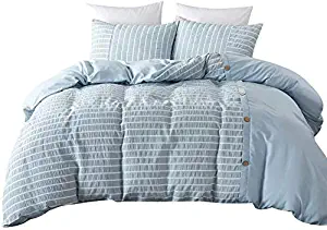 DuShow Seersucker Duvet Cover Set King Solid Blue 3 Pieces Stripe Hotel Quality Comforter Cover Set with Zipper Closure Soft Duvet Cover and 2 Pillow Sharms