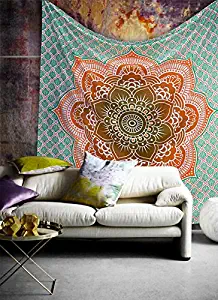 Popular Handicrafts Popular Twin Ombre Hippie Mandala Bohemian Psychedelic Intricate Floral Design Indian Bedspread Magical Thinking Tapestry 54x82 Inches,(140x210cms) Orange Sea Green