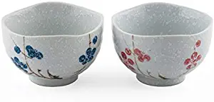 Ceramic Small Rice Bowl Set of 2 Snow Cherry Blossom Sakura Blue and Red Gift Pack Multi Purpose Dessert Snack Noodle Bowl Pair Couple
