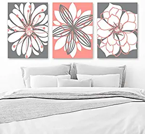 Coral Gray Flower Wall Art Canvas or Prints Floral Bathroom Decor Coral Gray Bedroom Wall Decor Flower Wall Art Set of 3 Artwork 8x10 inch