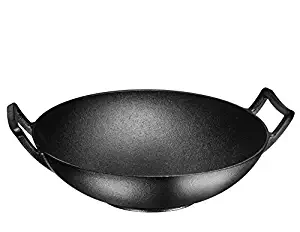 Bruntmor, Pre-Seasoned Cast Iron Wok, Black, 14-inch w/Large Loop Handles & Flat Base (14" Wok)