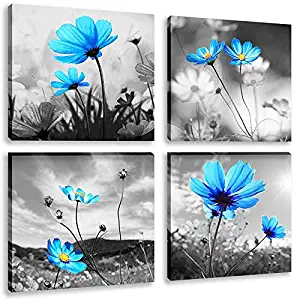 Black and White Flower Painting 4 Panle Abstract Blue Floral Still Life Canvas Picture Print Wall Art for Living Room Ready to Hang