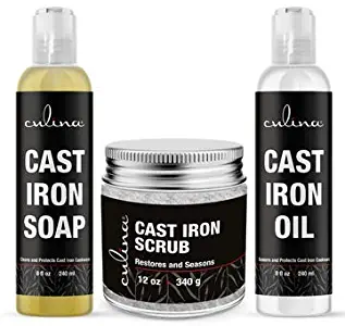 Culina Supreme Cast Iron Care Set: Restoring Scrub, Cleaning Soap & Conditioning Oil | Best for Cleaning Care, Washing & Restoring | 100% Plant-Based | for Cast Iron Cookware, Skillets, Pans & Grills!